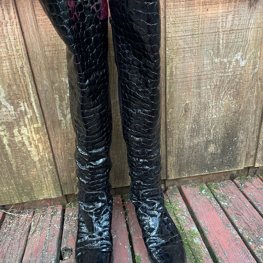 Stuart Weitsman Black Croc Over-the-Knee Boots Size 10